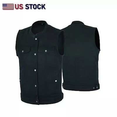 Men SOA Denim Black Vest Club Cut Outlaw Anarchist Mc BikerVest SKU HL21688 • $44.95