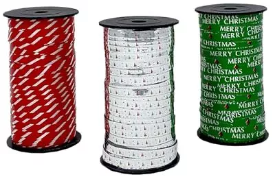 Christmas Curling Ribbon 3 Pack Green Metallic Silver Red & White Stripes... • $34.29
