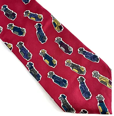 Vintage Silk Mens Tie Red W/ Cartoon Golf Bag Geometric Pattern • $17.26