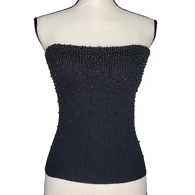 Vintage Cache Tube Top Bustier Medium Black Stretch Beaded Ribbed S/L Party Club • $49.99