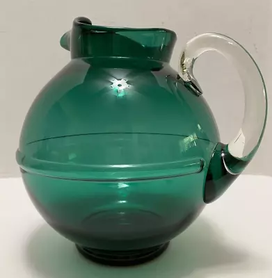 Vintage Round Ball Pitcher Teal Green Molded Glass BELTED Ice Lip 96oz • $44