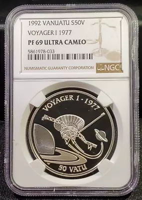 1992 Vanuatu 50 Vatu Silver Proof Coin - Voyager I 1977 - NGC PF 69 Ultra Cameo • $145