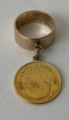 Vintage 18k Yellow Gold Ring Band W/  1945 Mexico Dos Y Medio Coin • $535