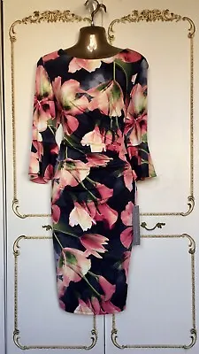 MICHAELA LOUISA  UK 14  Black Multi Floral Print Silky Jersey Dress NWT RRP £129 • £59