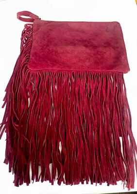 £5.99 • Buy Ladies Zara “red Wine” Genuine Suede Leather ,  Fringed Wrist Bag 🌸