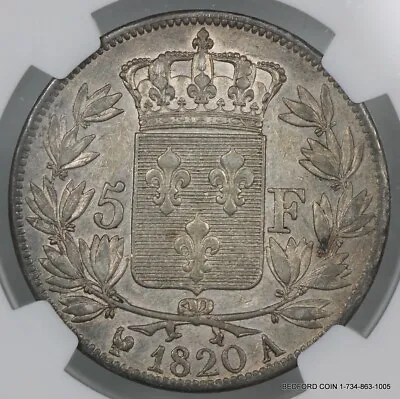 Ngc Au53 1820-a Paris France Silver 5 Francs Louis Xviii  (bc06) • $329.99