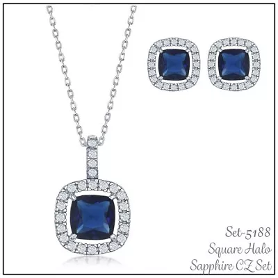 Sterling Silver Sapphire CZ With Halo Necklace And Earrings Set • $89.99