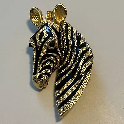 Vintage Ciner Zebra Bust Brooch Pin Black Enamel Rhinestones Gold Tone • $135