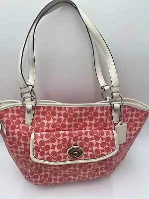 Coach Chelsea Leah Signature Pink White Handbag Purse F15135 Logo Coated Canvas • $40