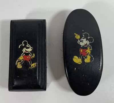 2 Vintage Wooden Disney Mickey Mouse Brush - Art Deco Wood Cut Style • $14.95