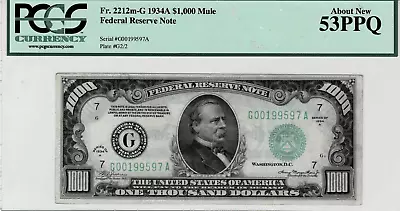 1934A $1000 Federal Reserve 'mule' Note--fr.2212m-G (Chicago) PCGS 53 PPQ • $6500