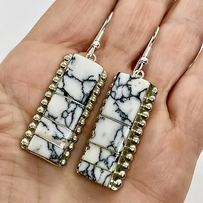 Navajo White Buffalo Turquoise Inlay Earrings Dangle Sterling 2  By A Norton • $94.94