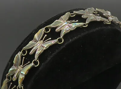 925 Sterling Silver - Vintage Carved Abalone Butterfly Link Bracelet - BT9428 • $85.14