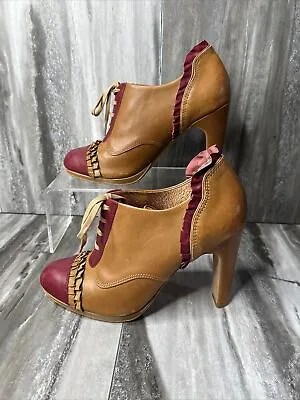 Miss Albright Anthropologie Womens 7.5M Camel Red Leather Ruffle Cap Toe Booties • $59.49