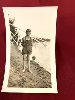 Vintage Okoboji Lake Iowa Photo Young Man On Beach By Slide Into The Lake • $3.75