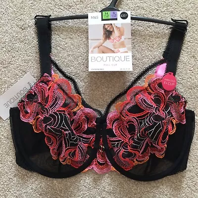 RRP £22.50 M&S Size 34G Pretty Boutique Full Cup Bra Mesh Black Pink Orange • £14.90