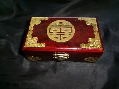 Vintage Chinese Jewelry Box Shiny Lacquered Finish Brass Plated Accents • $28