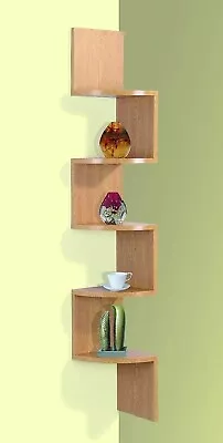 5 Tier Lucca Corner Shelf Floating Wall Mounted Shelves Storage Display Oak Unit • £18.50