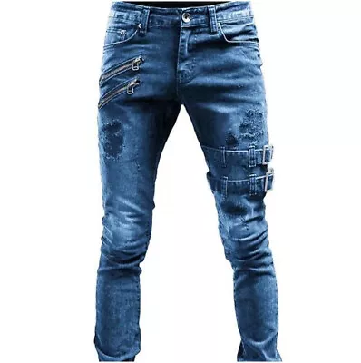 Mens Biker Pants Fashion Buckle Punk Skinny Ripped Jeans Casual Denim Trousers. • £24.43