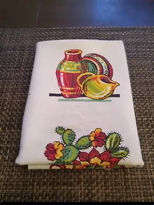 Vintage 1950's Tea Tablecloth Table Topper 35 X32  Vivid Colors Mexican Figures • $18