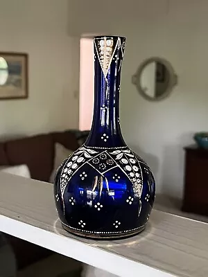 Vintage Pontiled Hand Painted Bohemian Cobalt Blue Barber Bottle 7” • $78