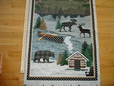 Pine Cone Plaid Wilderness Cabin Lake Boat Bear Deer Cotton Quilt Fabric Panel • $6.50