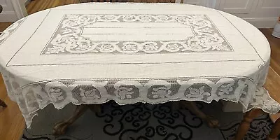 Antique Handmade Italian Linen Cutwork Filet Lace Banquet Tablecloth 68 X 84 Vtg • $275