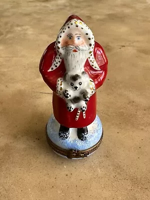 Limoges Santa Claus Peint Main Porcelain Trinket Box 3 3/4  Tall  Cat Or Dog? • $95