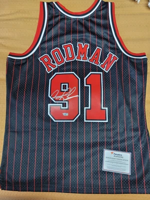 $400 • Buy DENNIS RODMAN - Chicago Bulls Signed Black Pin Strip Jersey With Fanatics COA