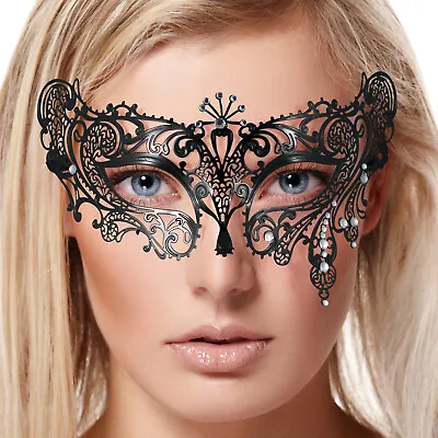 Diamante Masquerade Mask | Black Lace Metal Venetian Teardrop Clear Fancy Dress • £8.99