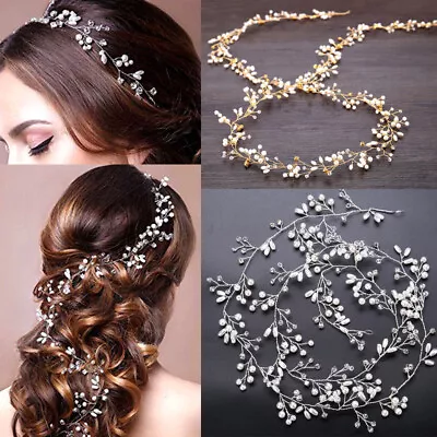 £3.35 • Buy Wedding Hair Vine Crystal Pearl Headband Long Chain Headpiece Bridal Accessories