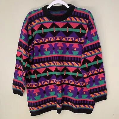 Vintage 80s 90s Funky Bright Geometric Women's Oversized Chunky Knit Sweater L • $35