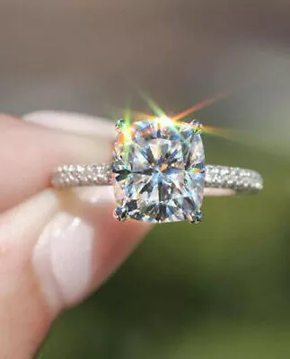 $137.06 • Buy 4Ct Cushion-Cut Lab Created Diamond Solitaire Ring 14K White Gold Plated