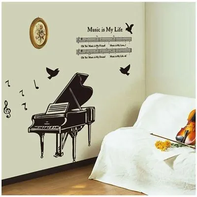 Music Is My Life Black Piano Musical Scores And Birds Wall Stickers Decals Remov • £7.99