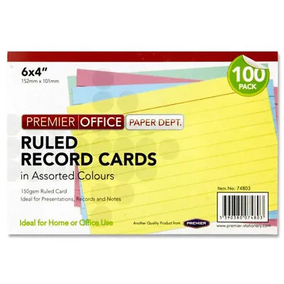 6 X 4  Coloured Index Ruled Record Study Home/Office Revision Cards Pkt 100 • £3.59