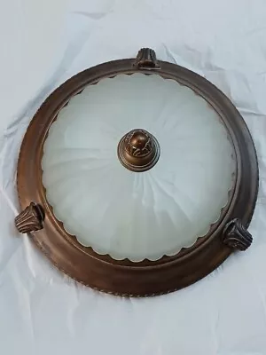 2 Light Ribbed Glass Brown Bronze Traditional Ceiling Light Flush Mount Fixture • $120