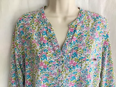 COTTON TRADERS Floral Blouse Top Size 18 Pink Blue Ditsy Print 3/4 Sleeves Linen • £12