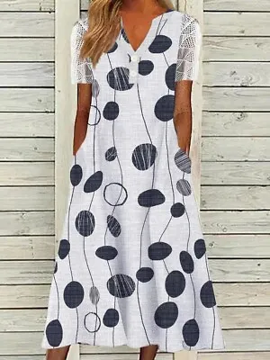 £13.09 • Buy Women Spring/Autumn Polka Dot Summer V-Neck Short Sleeve Polyester LOOSE Dress