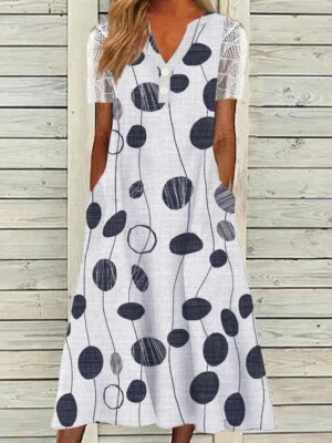 £13.09 • Buy Women Spring/Autumn Polka Dot Summer V-Neck Short Sleeve Polyester LOOSE Dress