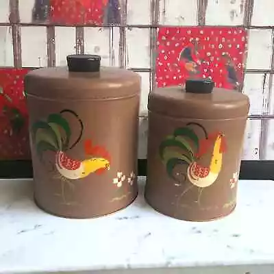 Mid Century Ransburg Painted Vintage Rooster Floral 2 Piece Metal Canister Set • $28