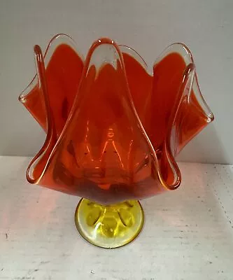 Vintage Viking Art Glass Handkerchief Epic Line Persimmon Orange Pedestal Vase • $34.99