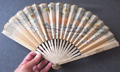 Vintage Hand Painted Landscape & Flowers Paper Wooden Hand Fan • $5.99