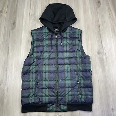 Polo Ralph Lauren Packable Down Tartan Plaid Vest Hoodie Men's Size M Medium • $49.95