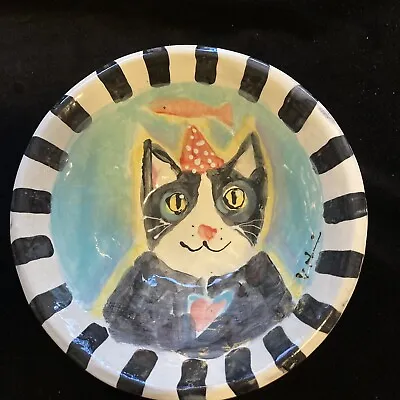 Handmade Cat On Aqua Green “Ceramic 8”x3” Medium Round Bowl • $25