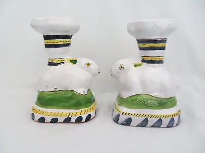 Pair Of Vintage Portugal Majolica Pottery Bunny Rabbit Candle Holders #2 • $32