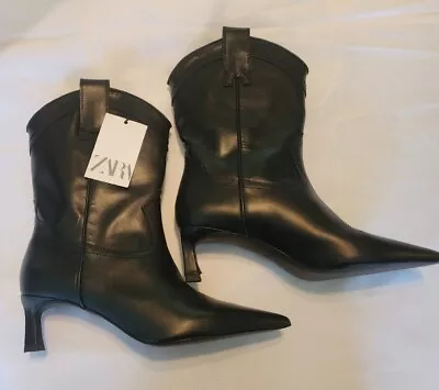 Zara Cowboy Boots Womens Size 7.5 Ankle Heeled Black Leather Eur Size 38 New Tag • $74.99