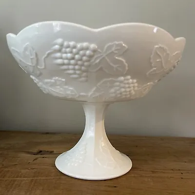 Indiana Glass Colony Harvest Grape White Footed Milk Glass 10  Fruit Bowl PRETTY • $14.99