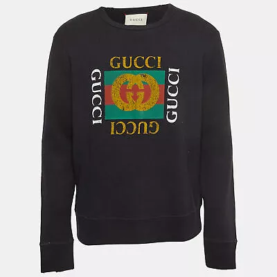 Gucci Black Vintage Logo Print Cotton Distressed Sweatshirt L • $414.75