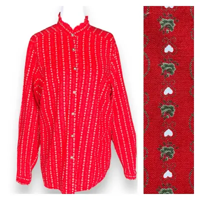 Vintage Blouse Red Button Front Victorian High Ruffle Neck Heart  Long Sleeve • $30