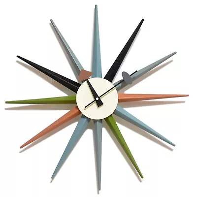 Mid Century Modern Sunburst Wall Clock Silent 18in Wood Living Room Nelson Style • $109.99